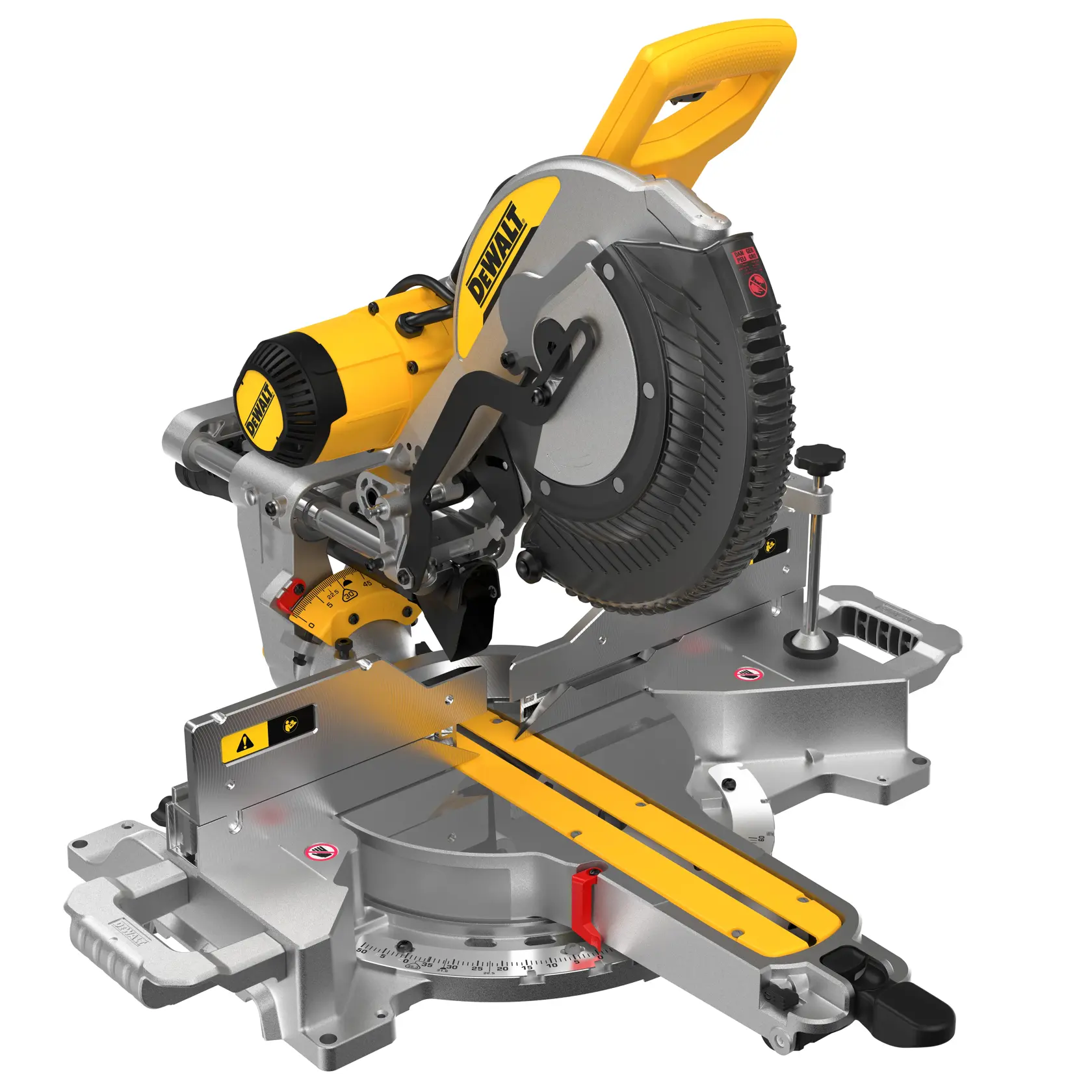 A construction worker wearing a safety vest and helmet operates a DEWALT DWS780 miter saw on a construction site. The worker's face is blurred for privacy.