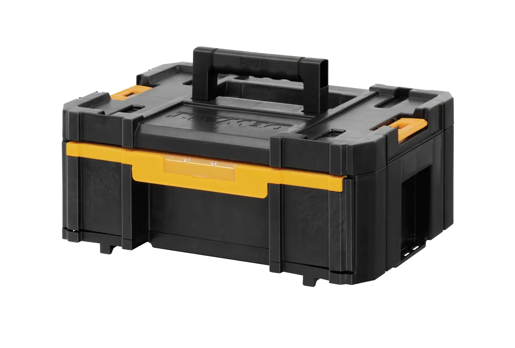 A black and yellow DEWALT plastic tool storage box with a central carrying handle and secure latches, shown against a white background.