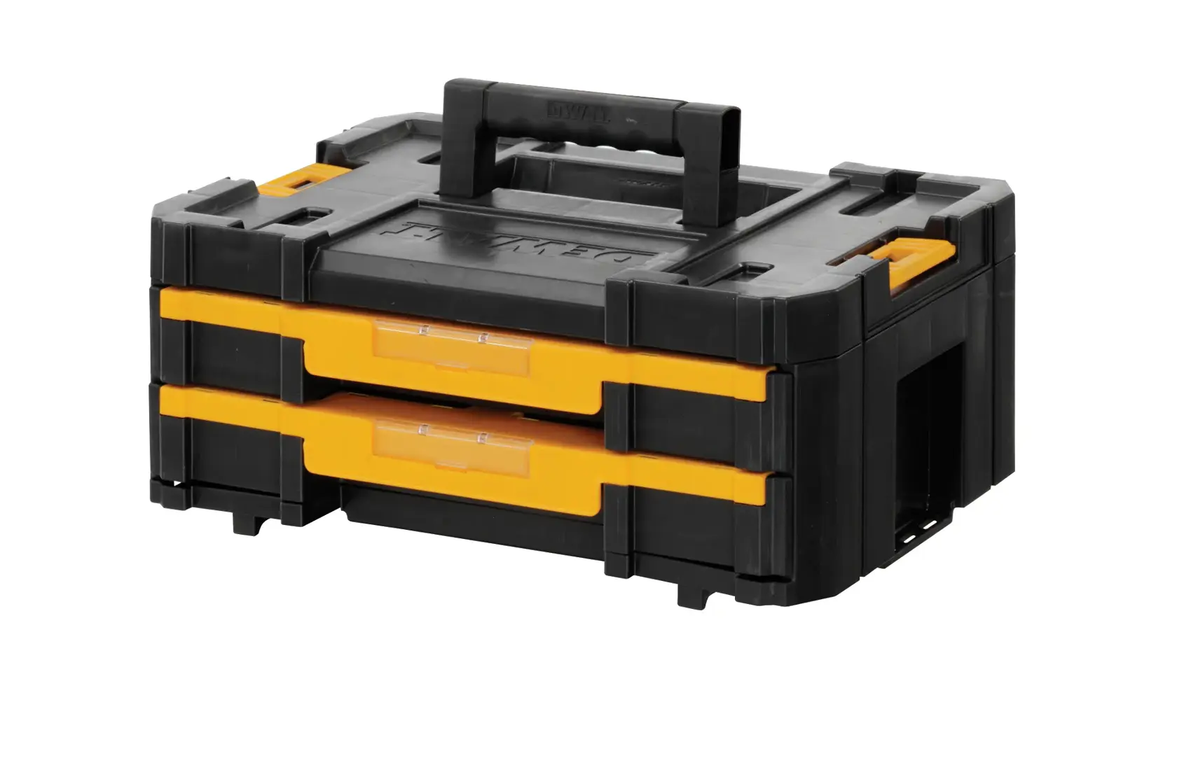 A black and yellow DEWALT portable toolbox with two drawers and a handle on top, designed for storing tools and accessories.