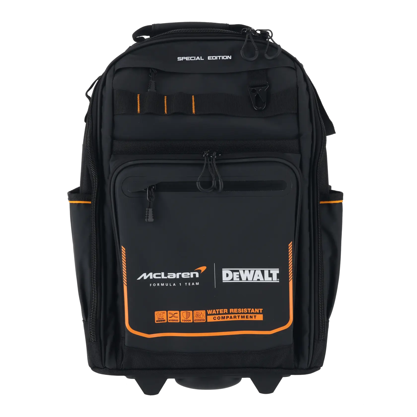 DeWALT McLaren water-resistant black backpack with multiple compartments, for tools and gear protection.