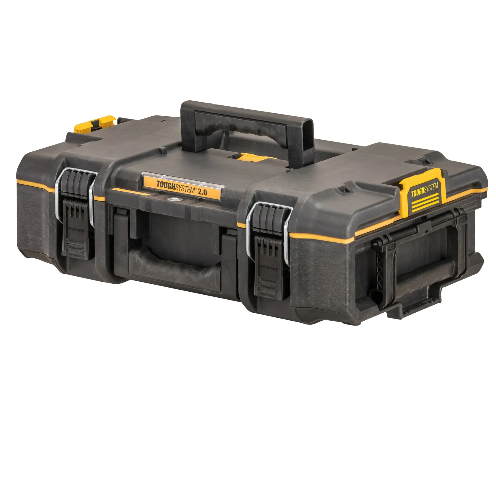 A DEWALT ToughSystem 2.0 tool box, made of durable black plastic with yellow accents, featuring secure latches and handles on the top and front for easy carrying and stacking.