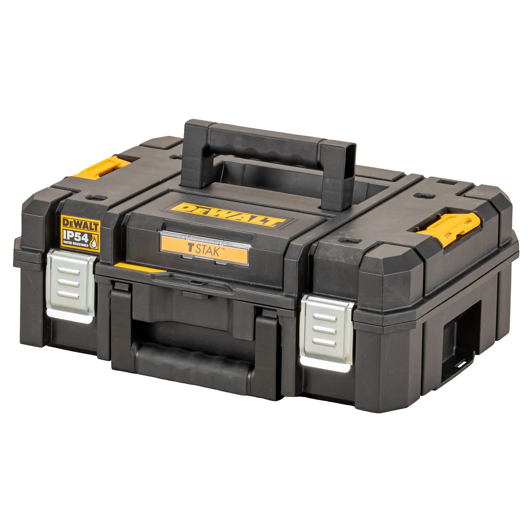 A black and yellow DEWALT TSTAK storage case with a sturdy handle, metal latches, and labeled IP54 water resistance, designed for secure tool organization and transport.