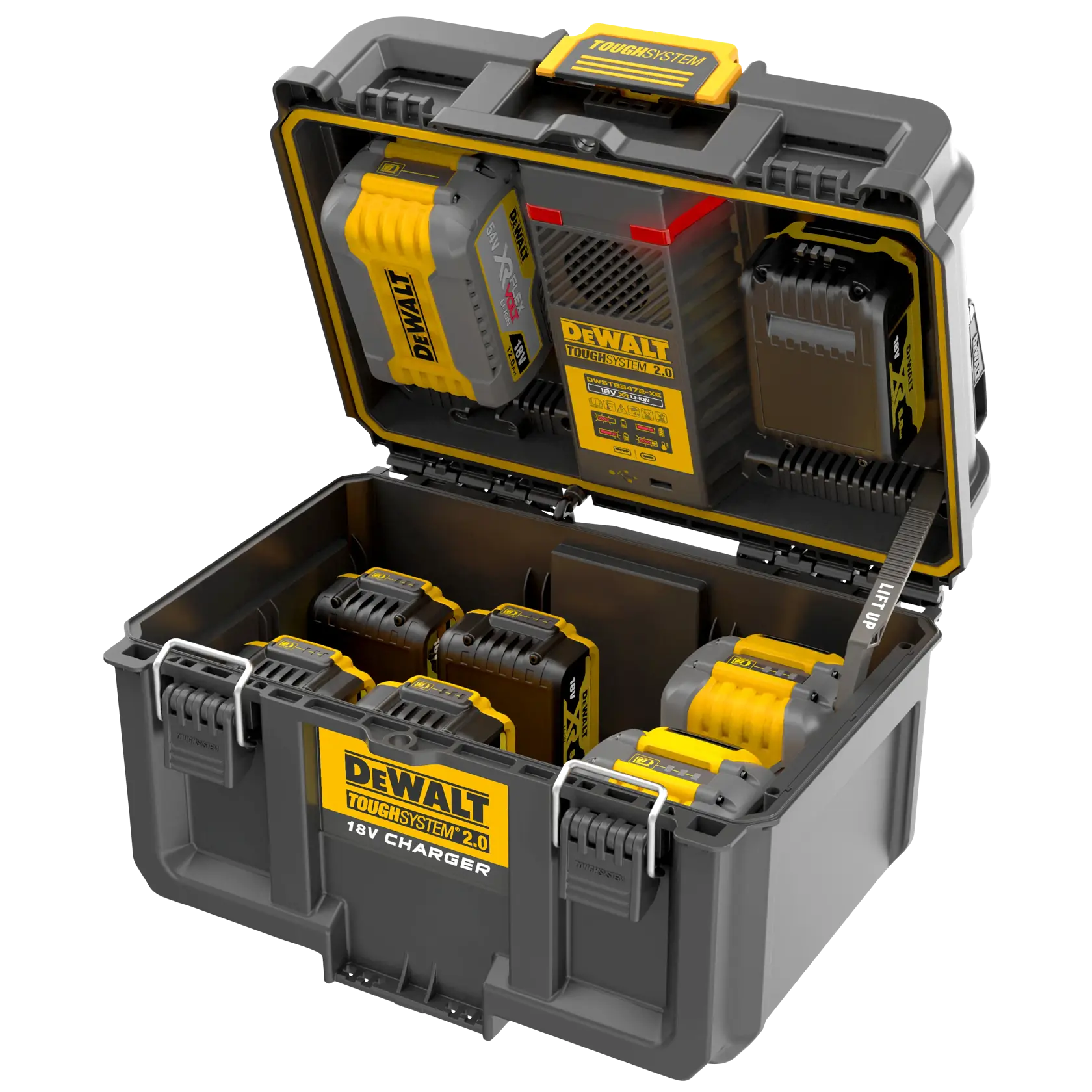 Open DEWALT ToughSystem 2.0 case with 18V charger and multiple batteries inside for tool storage and charging.