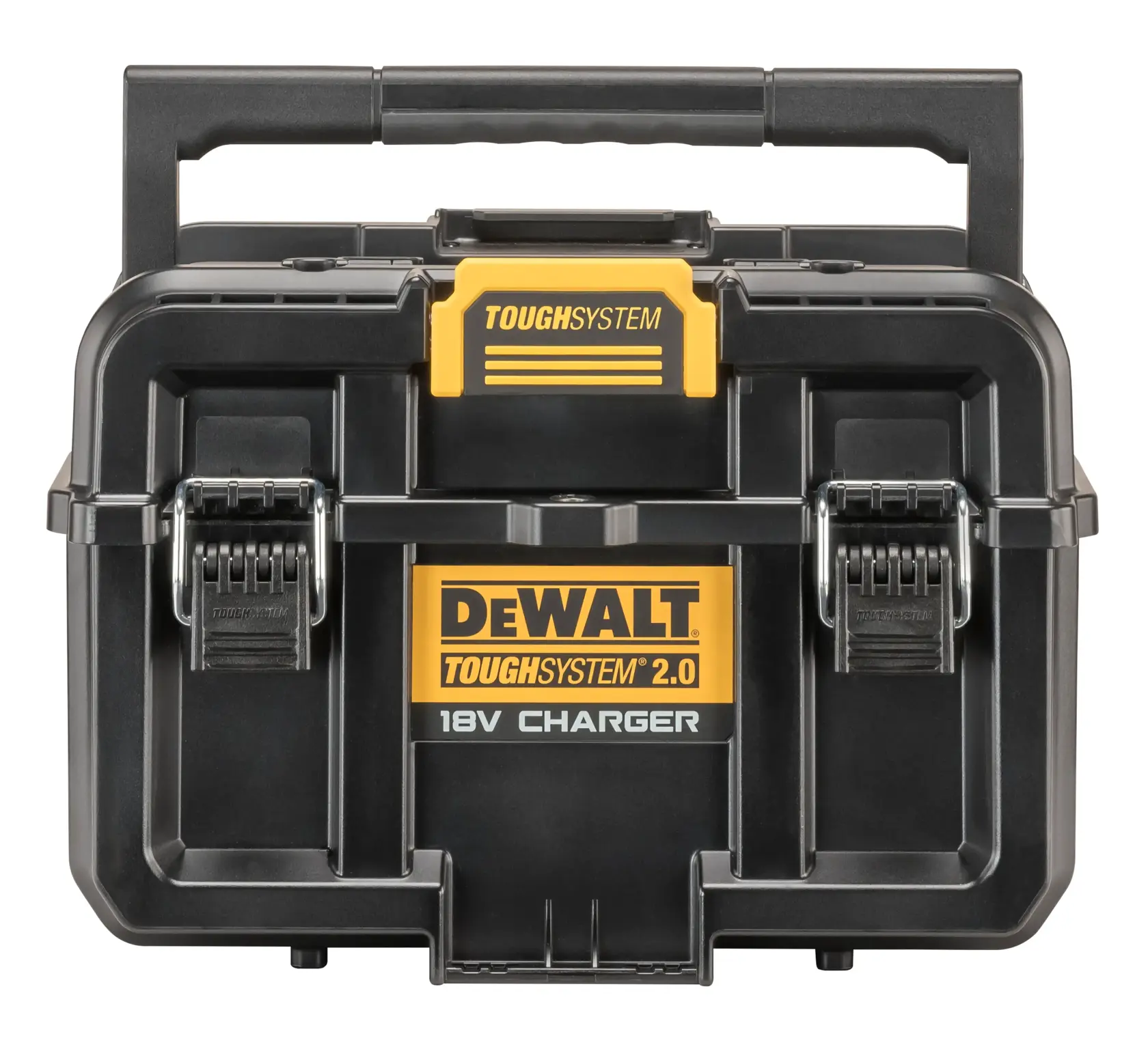DEWALT ToughSystem 2.0 black tool box with 18V charger and sturdy handle.